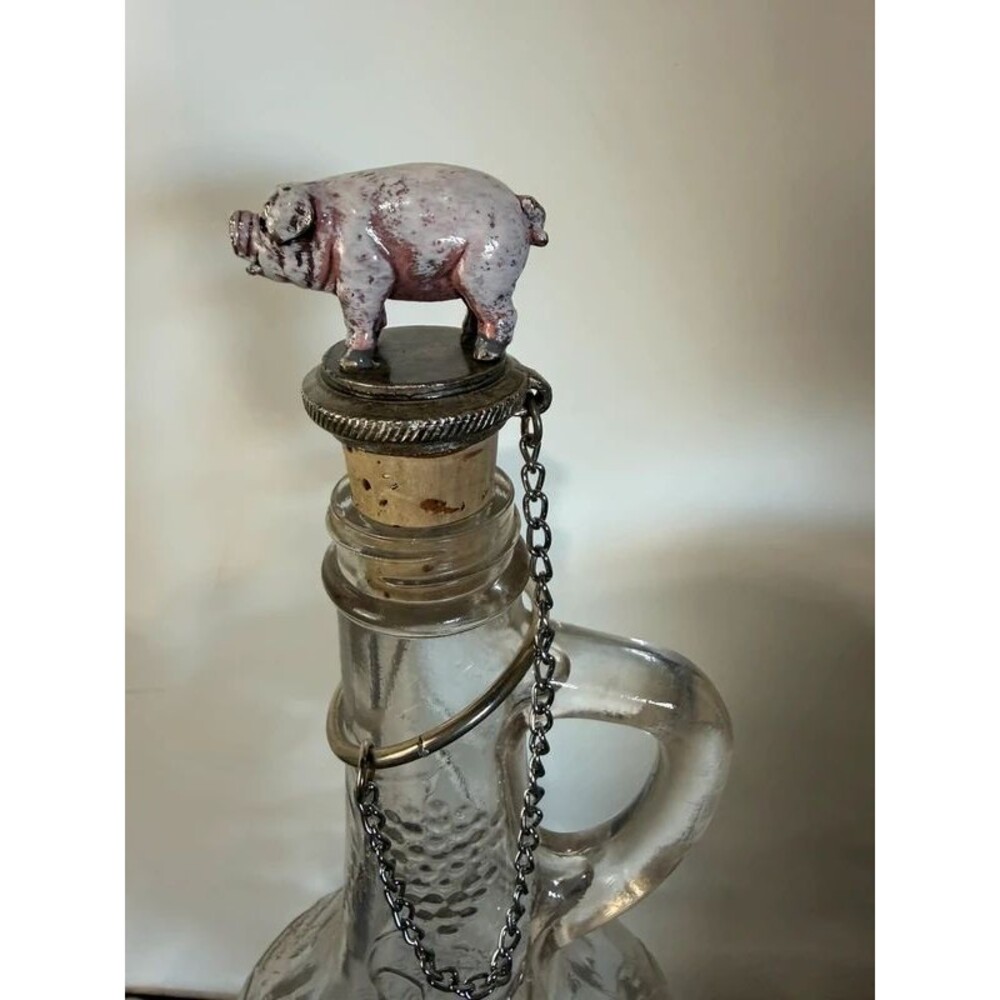 Vintage Hand Painted Pewter Pig Wine Bottle Stopper with Chain